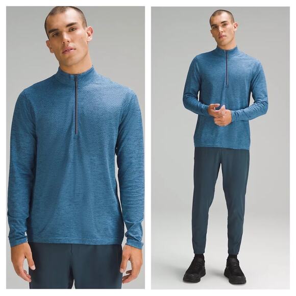 Lululemon Men’s Cobalt Blue Half Zip Long Sleeve Workout Top Medium Lightweight - Picture 1 of 13